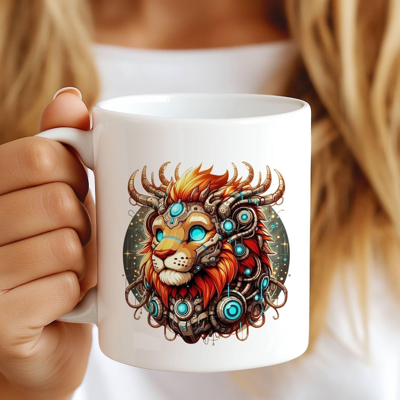 May include: White ceramic mug featuring a detailed illustration of a lion's head with a mechanical, futuristic design. The lion has orange and red fur, blue glowing eyes, and intricate metal accents. The background is a dark gray with small white dots.