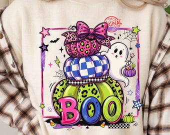 Boo Ghost PNG, Neon Pumpkin Stack, Coquette Halloween Sublimation Shirt Design
