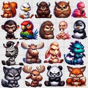 May include: A collection of cartoon animal illustrations, including a squirrel, duck, buffalo, owl, flamingo, monkey, parrot, hedgehog, penguin, zebra, moose, rabbit, dragon, wolf, panda, and fox. Each animal has an angry expression.