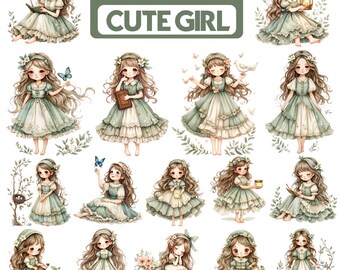 Cute Girl Clipart Bundle, 16 Sage Green Watercolor Characters, Cottagecore Storybook Girls, Nursery Spring Digital Download
