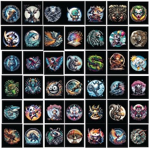 May include: A collection of colorful, circular graphic designs featuring various animals and characters. Each design is set against a black background and includes detailed illustrations of creatures like a wolf, panda, and squirrel, with fantasy and anime-inspired elements.