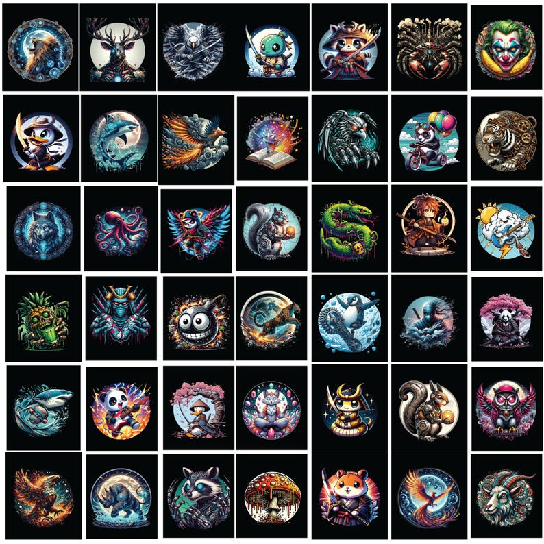 May include: A collection of colorful, circular graphic designs featuring various animals and characters. Each design is set against a black background and includes detailed illustrations of creatures like a wolf, panda, and squirrel, with fantasy and anime-inspired elements.