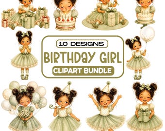 Birthday Girl PNG Bundle, 10 Cute Watercolor Party Clipart, Sage Green Birthday Sublimation, Cake Balloon Gift Designs