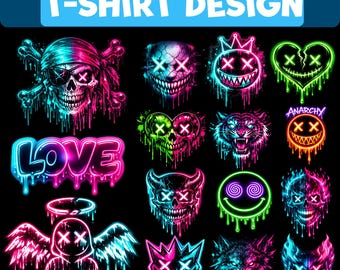 Neon Horror PNG Bundle, Cyberpunk Skull and Monster T-Shirt Designs, Glowing Graffiti Sublimation Clipart, Digital Download