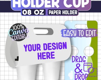 8 Oz Paper Cup Holder Canva Template, Editable Two Cup Carrier, Drag and Drop Drink Holder Party Favor Printable