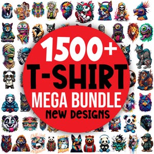 1500+ T-shirtdesignpaket PNG, Mega Graphic Pack, Streetwear-djurdesigner, Sublimeringspaket, Färgglad tecknad clipart.