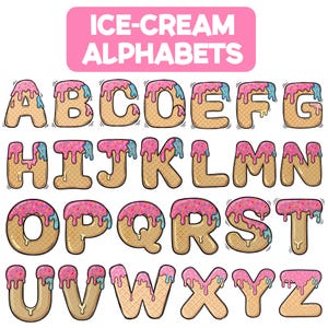 May include: A full alphabet of letters designed to look like ice cream cones. Each letter is a waffle cone shape, topped with pink ice cream, sprinkles, and blue drips. The words "ICE-CREAM ALPHABETS" are in a pink rectangle at the top.
