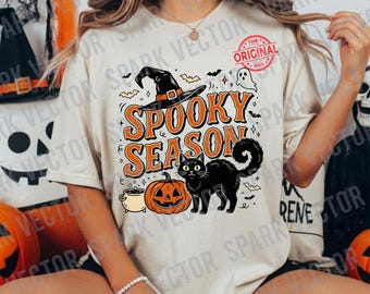 Spooky Season PNG, Black Cat Pumpkin Ghost Witch Hat, Retro Halloween Sublimation Design