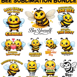 Söt bi PNG-paket, 11 roliga sublimeringsdesigner för bin, kawaii honungsbi-clipart, bi-ordvits-t-shirtgrafik