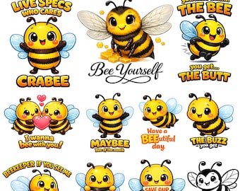 Cute Bee PNG Bundle, 11 Funny Bee Sublimation Designs, Kawaii Honey Bee Clipart, Bee Pun T-Shirt Graphics