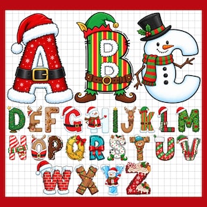 Könnte beinhalten: Eine digitale Alphabet-Illustration mit den Buchstaben A bis Z, verziert mit Weihnachtsmotiven wie Weihnachtsmannkostümen, Elfen, Schneemännern, Rentieren, Lebkuchen, Zuckerstangen, Kränzen und Lichterketten auf einem weißen Raster.