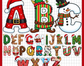 Christmas Alphabet PNG Bundle, A-Z Festive Letters, Santa Elf Snowman ABC, Holiday Sublimation Clipart, Xmas Letter PNG