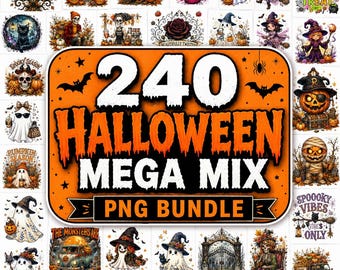 240 Halloween PNG Bundle, Ghosts, Witches, Pumpkins and Skeletons, Spooky Season Sublimation Designs