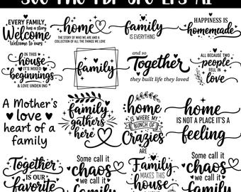 Bundel met SVG-bestanden van familiecitaten, 'Home Sweet Home' en 'Farmhouse'-borden.