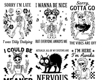 Funny Sarcastic Skeleton Bundle PNG, Gothic Humor SVG Bundle, Retro Skeleton Quotes, Dark Humor Clipart.