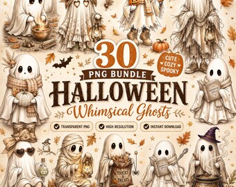 30 Whimsical Halloween Ghost PNG Bundle, Cute Neutral Fall Clipart, Cozy Ghosts with Bows and Pumpkins, Digital Download