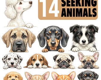 Peeking Dog PNG Bundle, Watercolor Puppy Faces, Cute Dog Breed Clipart, Pet Sublimation Designs