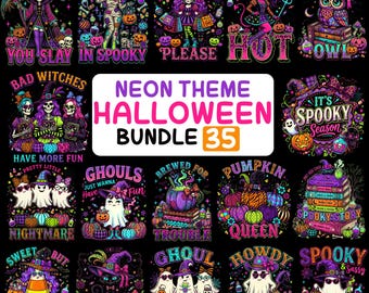 Neon Halloween PNG Bundle, 35 Spooky Witch Ghost Sublimation Designs, Cute Retro Halloween Shirt Clipart