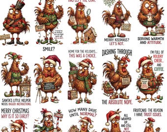 Funny Christmas Chicken PNG Bundle, 35 Quirky Rooster Holiday Sublimation Designs, Farm Animal Clipart for Shirts