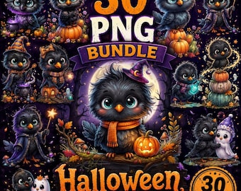 30 Halloween Crow PNG Bundle, Whimsical Black Bird Clipart, Cute Witch Crows and Pumpkins, Spooky Fall Digital Download