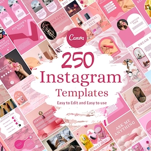 May include: A collection of 250 Instagram templates in shades of pink and white, with the Canva logo prominently displayed. The templates are designed for easy editing and use, with various layouts for content creation and engagement.