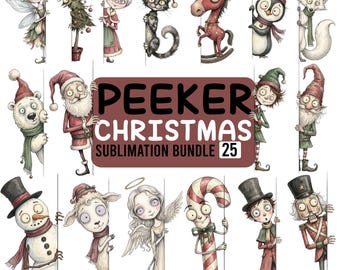 25 Christmas Peeker PNG Bundle, Whimsical Santa Elf Reindeer Snowman Characters, Vintage Holiday Sublimation Clipart