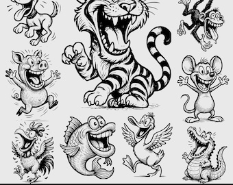 Funny Cartoon Animal SVG Bundle, Vintage Black and White Clipart, Retro Comic Animal PNG, Cricut Cut Files