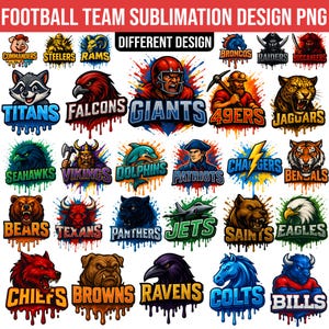 May include: A selection of American football team logos, featuring teams like the Commanders, Steelers, and Rams. Each logo displays the team name and mascot, such as a raccoon for the Titans and a jaguar for the Jaguars. The text "FOOTBALL TEAM SUBLIMATION DESIGN PNG" is at the top.