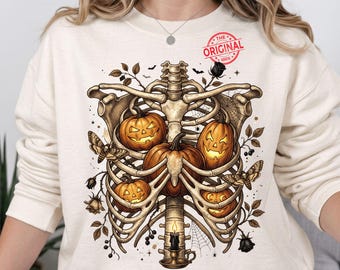 Pumpkin Rib Cage PNG, Gothic Halloween Skeleton Design, Jack O Lantern Anatomy Sublimation, Spooky Shirt Digital Download
