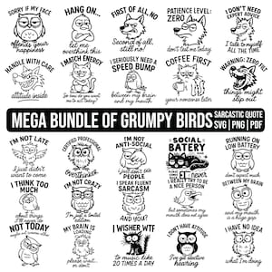 Puede incluir: Una impresión de arte digital en blanco y negro con una colección de ilustraciones de animales gruñones con citas sarcásticas. La imagen incluye búhos, gatos, perros y otros animales con frases humorísticas.