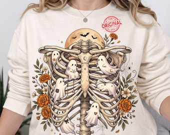 Cute Ghost Rib Cage PNG, Floral Skeleton Halloween Design, Spooky Anatomy Sublimation, Gothic Halloween Shirt Graphic