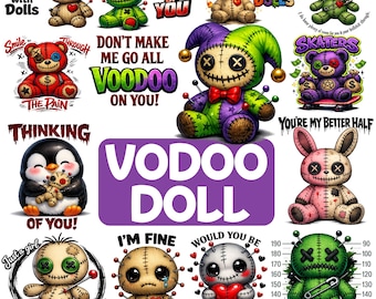 Voodoo Doll Sublimation Bundle PNG, Gothic Cute Doll Designs, Dark Humor Quotes Bundle, Spooky Creepy Plush Clipart, Halloween Shirt Design.