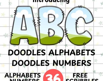 36 Doodle Alphabet PNG Bundle, Letters A-Z and Numbers 0-9, Hand Drawn Sublimation Alpha Pack, Bonus Scribbles