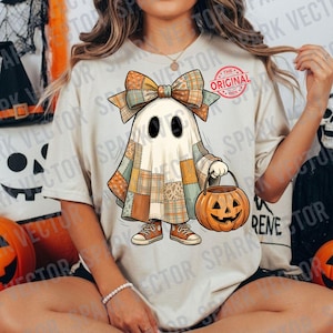 Patchwork-spöke PNG, sött Halloween-spöke med pumpahink, vintage-quilt-sublimeringsdesign