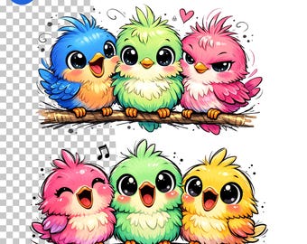 Colorful Baby Birds PNG Bundle, Cute Spring Bird Clipart, Watercolor Chick Sublimation, Nursery Digital Download