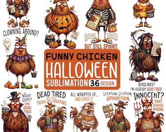 Funny Halloween Chicken PNG Bundle, 36 Sarcastic Rooster Sublimation Designs, Spooky Farm Animal Clipart for Shirts