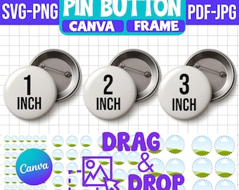 Paquete de plantillas para botones y pines, marcos de Canva de 1, 2 y 3 pulgadas con función de arrastrar y soltar, insignias con alfiler en formato SVG, PNG, PDF y JPG, creador de botones imprimible.