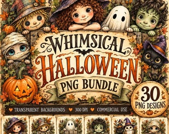 30 Whimsical Halloween Ghost PNG Bundle, Cute Neutral Fall Clipart, Cozy Ghosts with Bows and Pumpkins, Digital Download