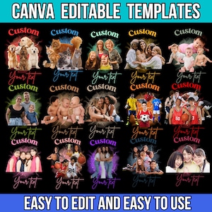 May include: A black graphic featuring various customizable Canva templates. Each template showcases a different theme, including pets, families, and sports teams. The templates include the text "Custom" and "Your Text", with the words "EASY TO EDIT AND EASY TO USE" at the bottom.