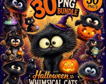 30 Whimsical Halloween Cats PNG Bundle, Cute Black Cat Clipart, Witch Hat Cats, Spooky Sublimation Designs