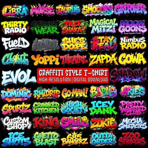 May include: A black background showcases numerous vibrant graffiti-style text designs. The text features words and phrases such as "LIBRA," "STREET WEAR," and "ICE SHOTS." A red banner states "GRAFFITI STYLE T-SHIRT" and "HIGH-RESOLUTION | DIGITAL DOWNLOAD."