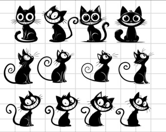 Funny Black Cat SVG Bundle, Grinning Spooky Cat Cut Files, Halloween Cat PNG, Cartoon Kitty Cricut Designs