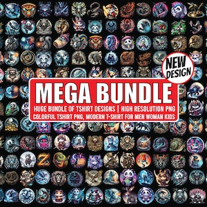 May include: A collection of colorful t-shirt designs featuring various animals and creatures, arranged in circular patterns. The image includes the text "MEGA BUNDLE" and "NEW DESIGN".