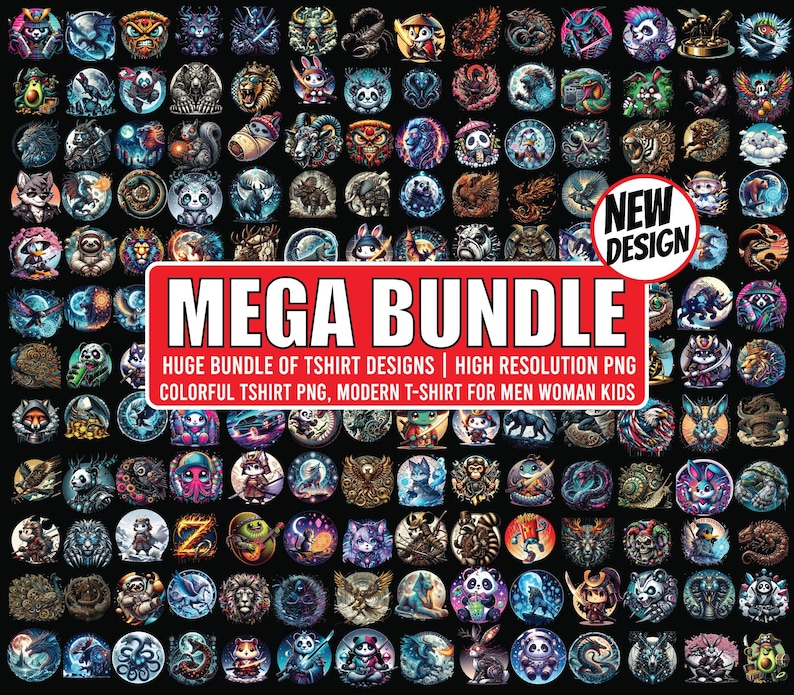 May include: A collection of colorful t-shirt designs featuring various animals and creatures, arranged in circular patterns. The image includes the text "MEGA BUNDLE" and "NEW DESIGN".