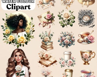 Glam Watercolor Clipart Bundle, Elegant Woman Floral PNG, Coffee Tea Rose and Book Sublimation, Feminine Digital Download