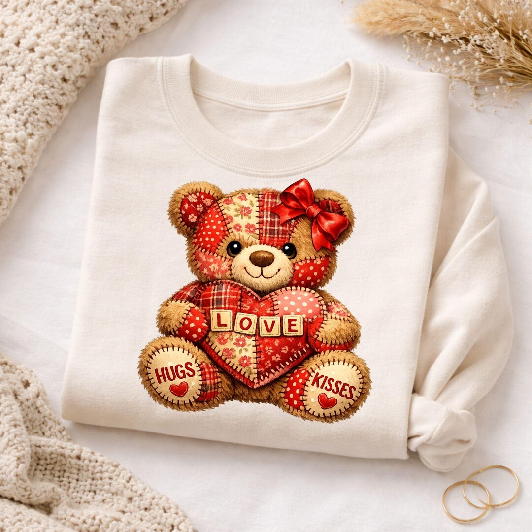 Valentine Teddy Bear Shirt Design | Love Hugs Kisses PNG (printable POD ...