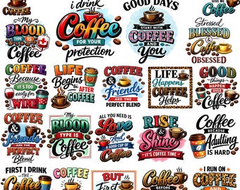 Peut inclure: Ensemble de motifs sur le thème du café avec des textes tels que "Coffee for your protection", "Life begins after coffee" et "Rise & Shine". Les motifs présentent des tasses à café, des grains et des éléments décoratifs.