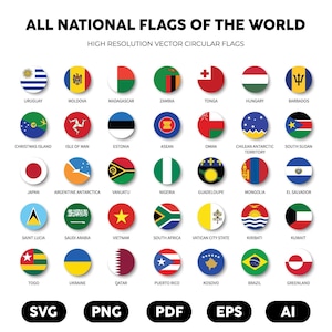May include: A collection of circular national flag icons arranged in a grid, labeled with country names. The text at the top reads ALL NATIONAL FLAGS OF THE WORLD HIGH RESOLUTION VECTOR CIRCULAR FLAGS. The bottom features SVG, PNG, PDF, EPS, and AI labels.