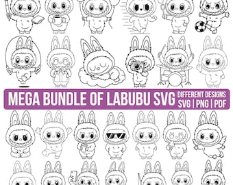 Cute Labubu  SVG Bundle, Black Outline Labubu Character Clipart, Funny Bunny PNG PDF Cut Files, Labubu Monster Svg