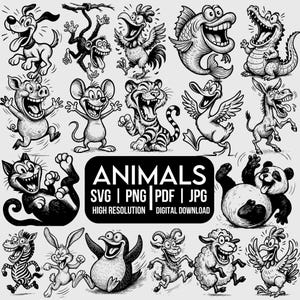 Puede incluir: Ilustraciones de dibujos animados en blanco y negro de animales, incluyendo un perro, un mono, un gallo, un pez, un caimán, un cerdo, un ratón, un tigre, un pato, un burro, un gato, un panda, una cebra, un conejo, un pingüino, una cabra, una oveja y otro gallo. Se muestra la palabra "ANIMALES".